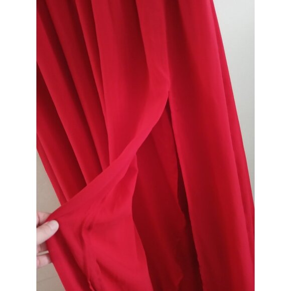 LULUS Womens M Red Plunge V-neck Maci Dress Gown High Slit Formal Wedding Prom - Picture 5 of 8